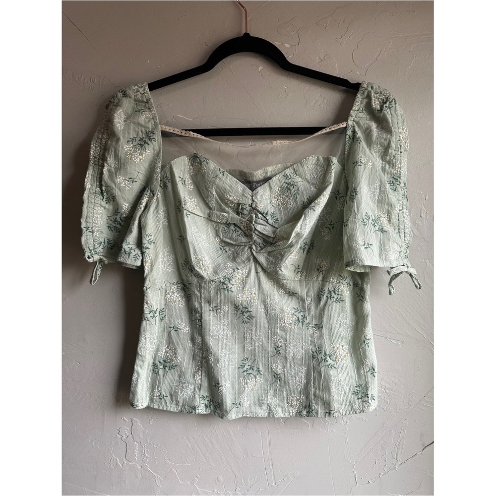 Scarlet Darkness Green Fairy Princess Top Cottagecore Floral Puff Sleeve L